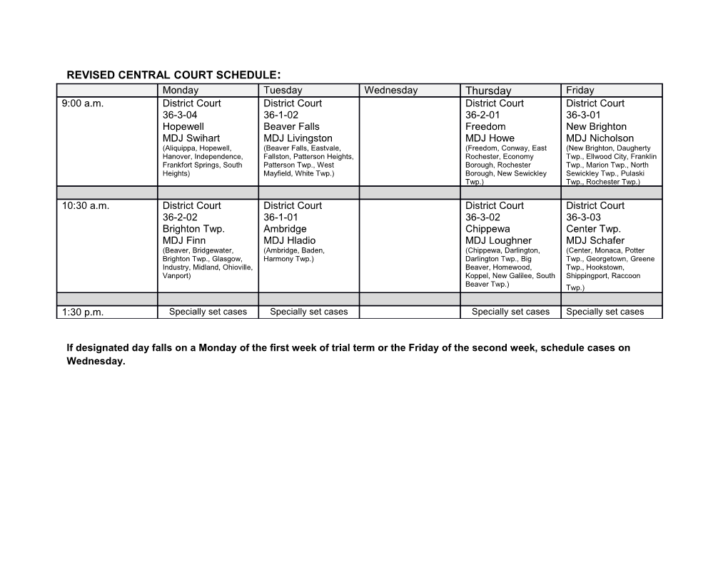 Revised Central Court Schedule