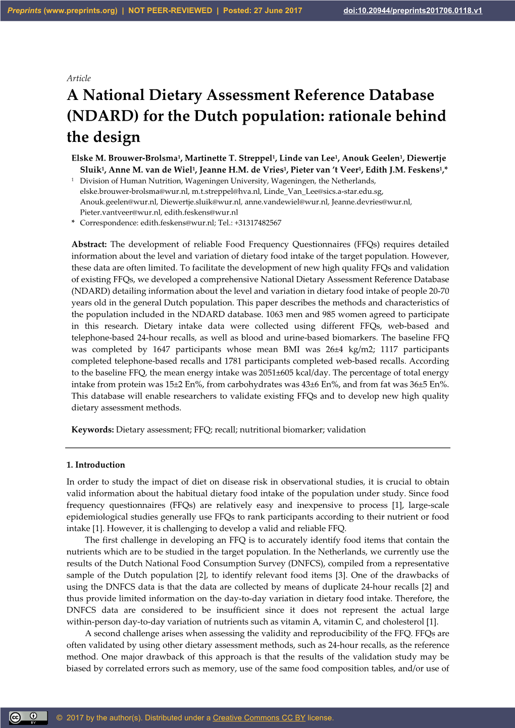 A National Dietary Assessment Reference Database (NDARD) for the Dutch Population: Rationale Behind the Design