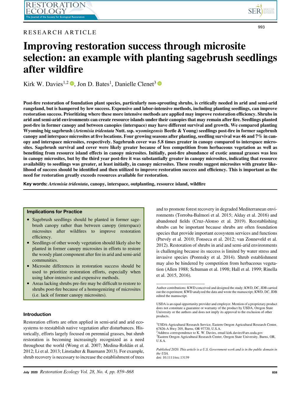 Improving Restoration Success Through Microsite Selection: an Example with Planting Sagebrush Seedlings After Wildﬁre Kirk W