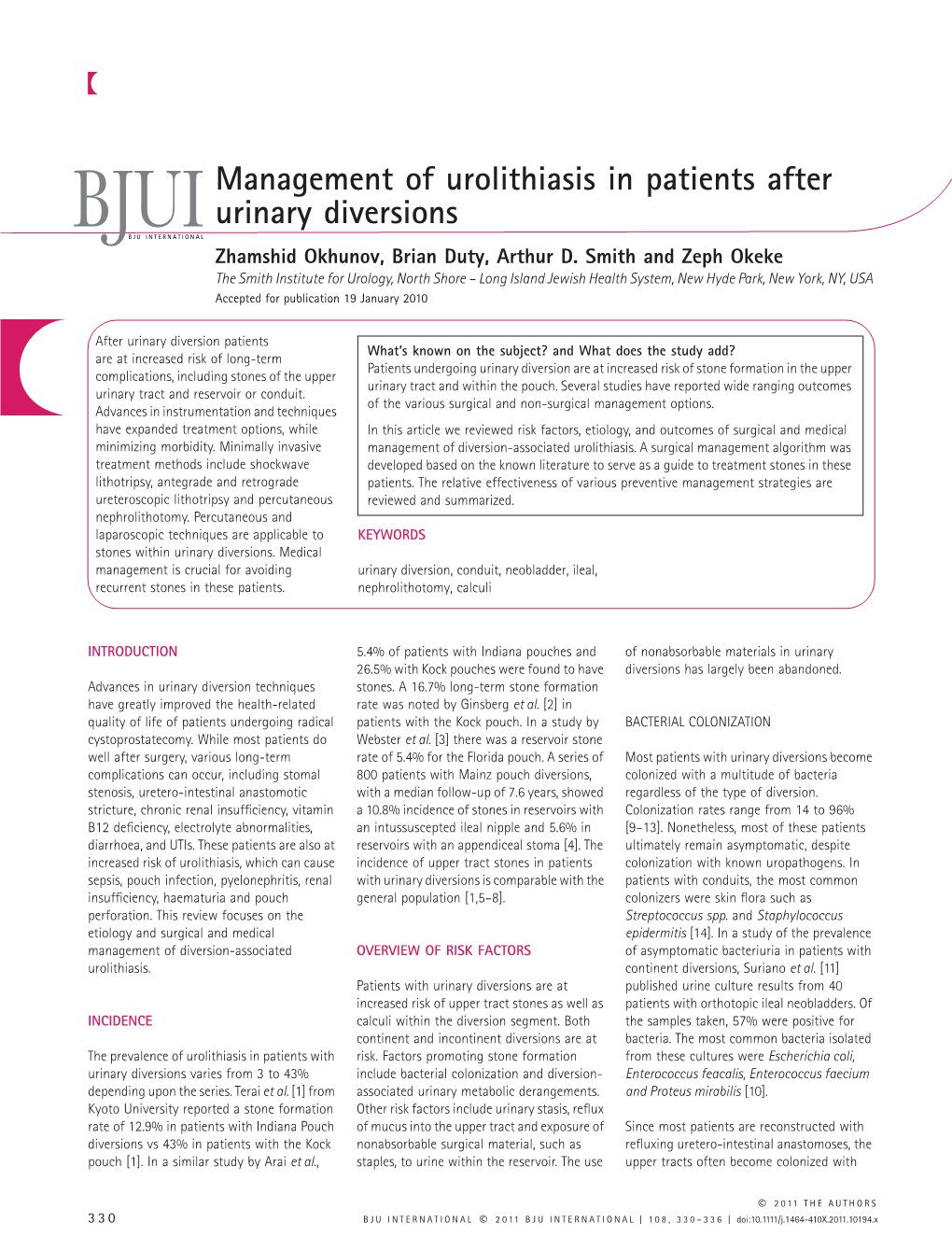 Management of Urolithiasis in Patients After Urinary Diversions BJUIBJU INTERNATIONAL Zhamshid Okhunov, Brian Duty, Arthur D