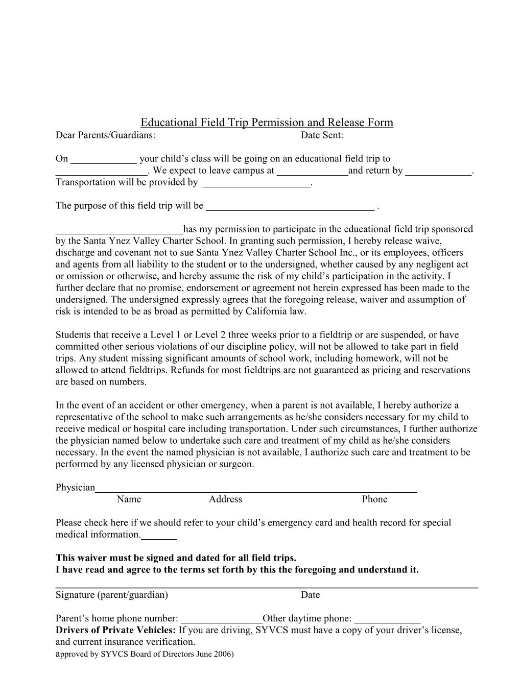 Educational Field Trip Permission and Release Form