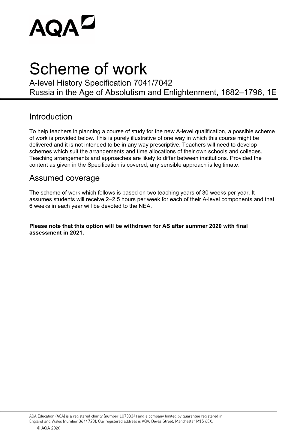 Scheme of Work: Component 1E Russia in the Age Of