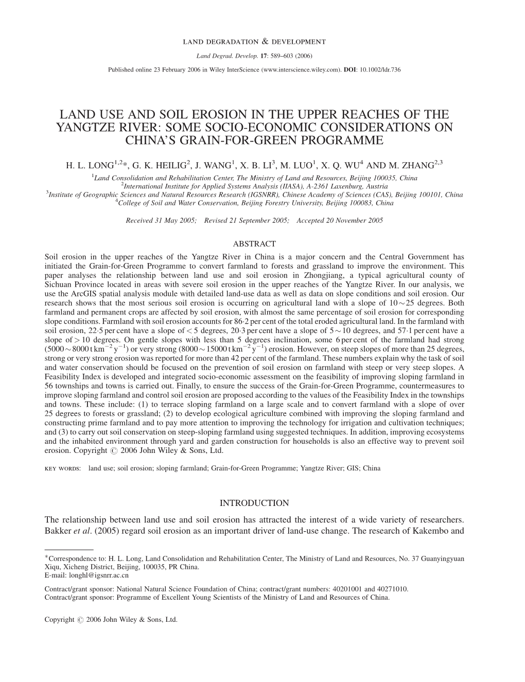 Land Use and Soil Erosion in the Upper Reaches of the Yangtze River: Some Socio-Economic Considerations on China’S Grain-For-Green Programme