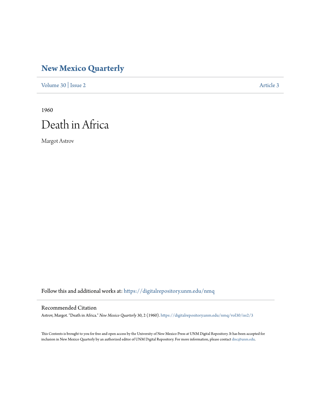 Death in Africa Margot Astrov