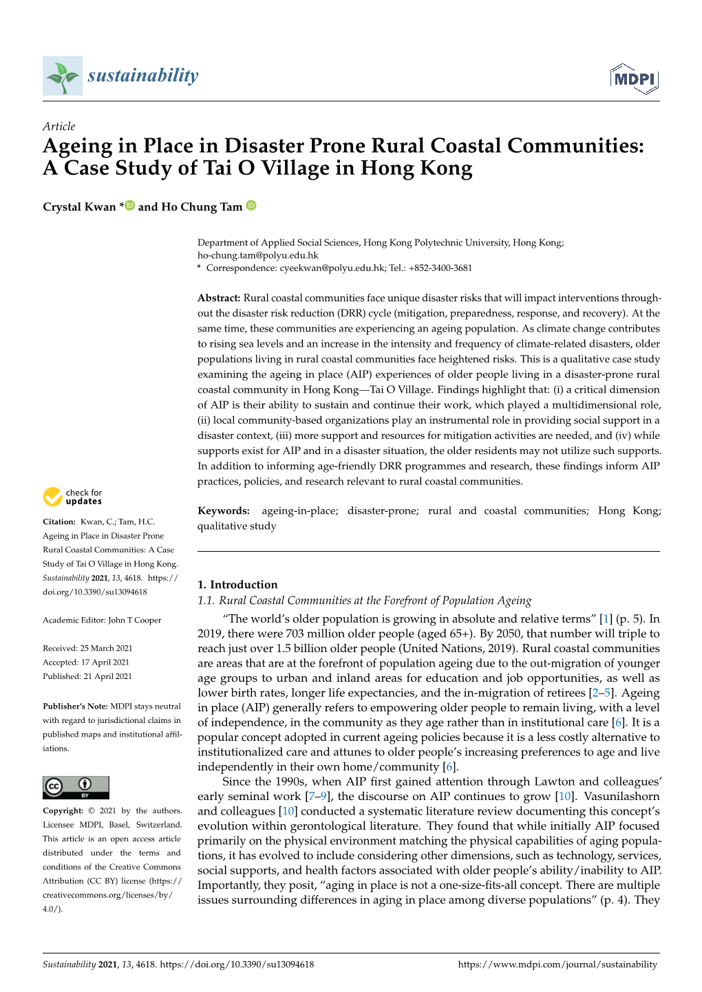 Ageing in Place in Disaster Prone Rural Coastal Communities: a Case Study of Tai O Village in Hong Kong