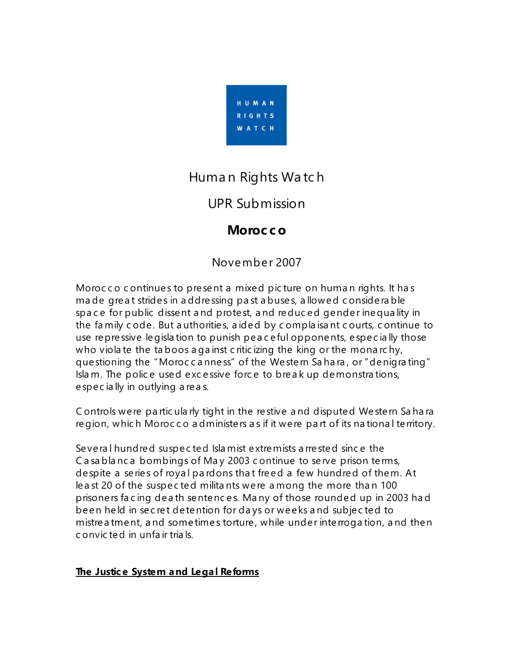 Human Rights Watch UPR Submission Morocco