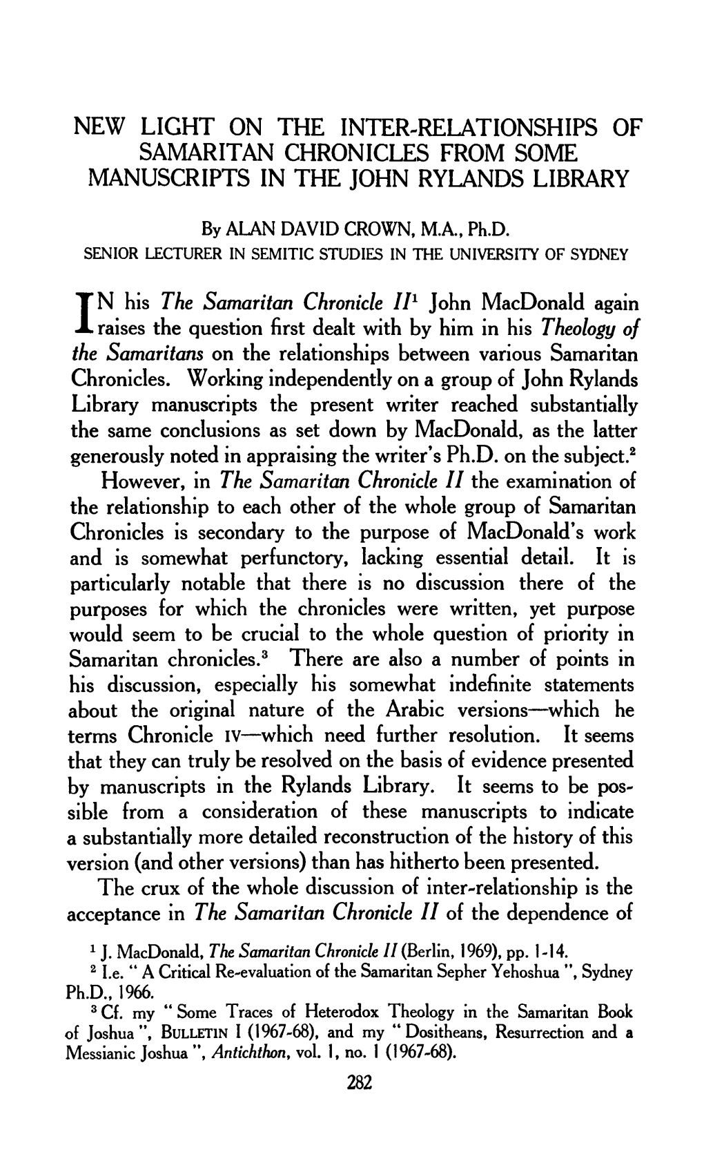 New Light on the Inter-Relationships of Samaritan Chronicles from Some Manuscripts in the John Rylands Library