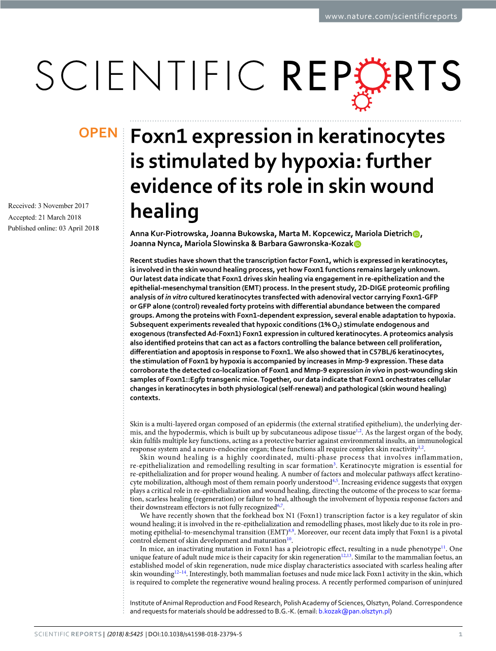 Foxn1 Expression in Keratinocytes Is Stimulated by Hypoxia: Further Evidence of Its Role in Skin Wound Healing