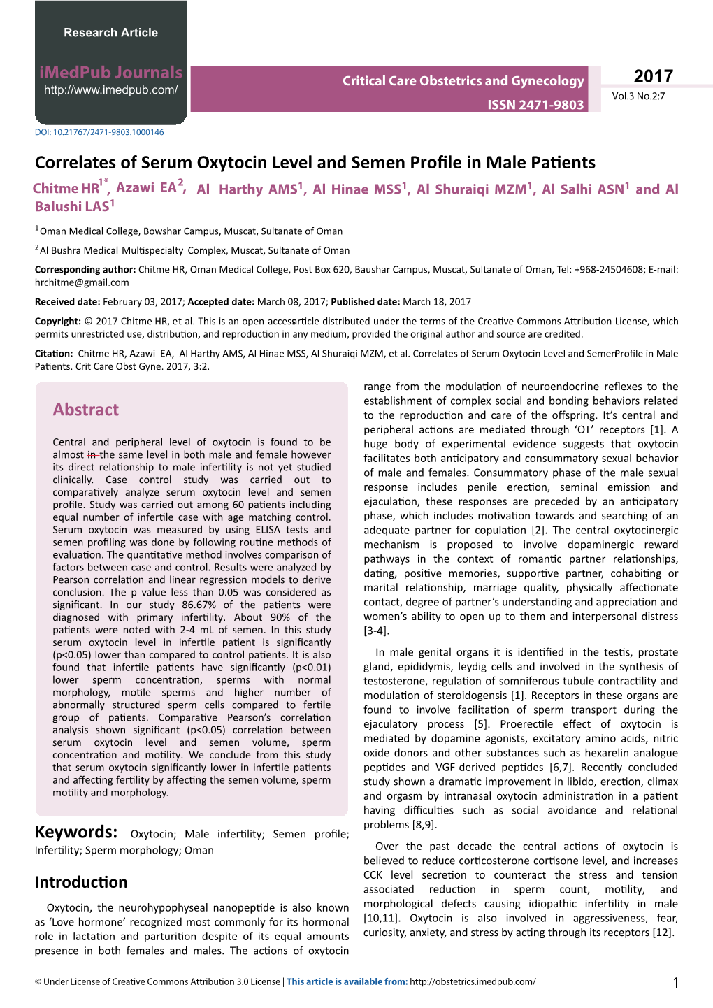 Correlates of Serum Oxytocin Level and Semen Profile in Male Patients