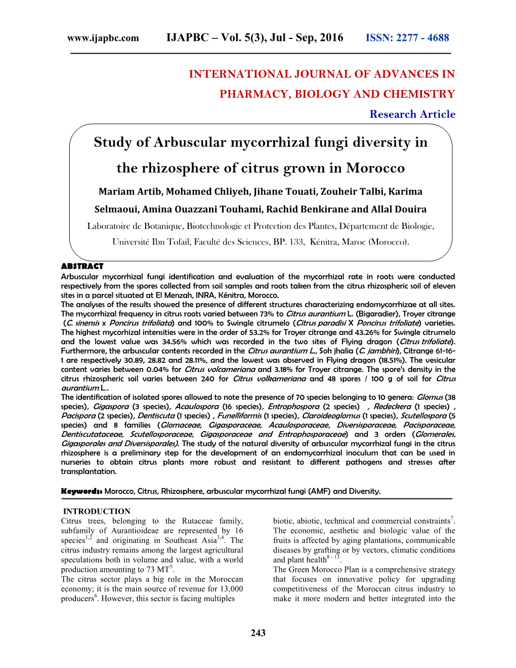 Study of Arbuscular Mycorrhizal Fungi Diversity in the Rhizosphere of Citrus Grown in Morocco