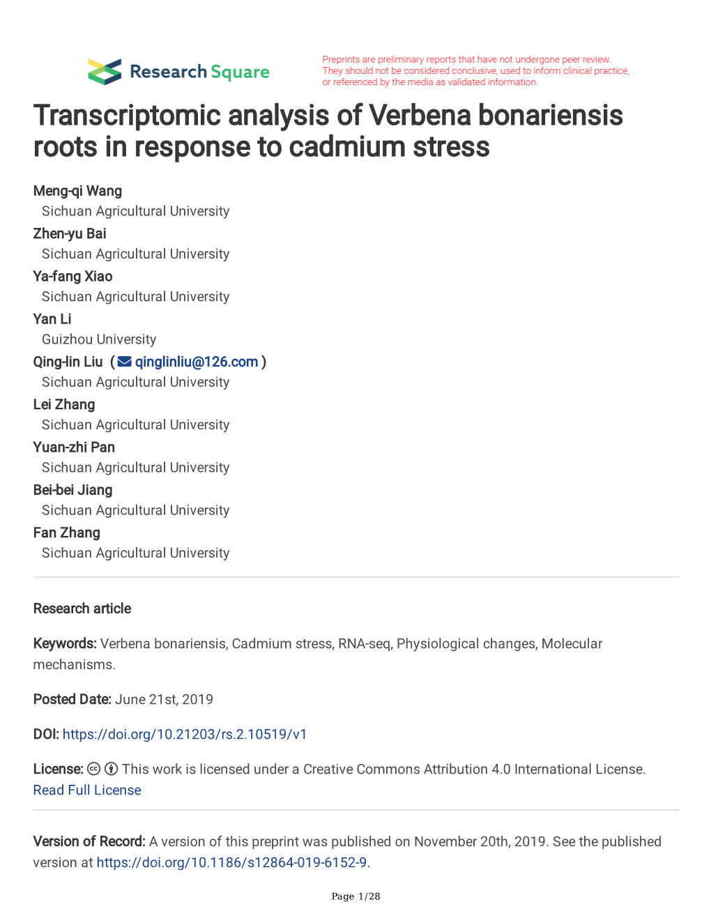 Transcriptomic Analysis of Verbena Bonariensis Roots in Response to Cadmium Stress