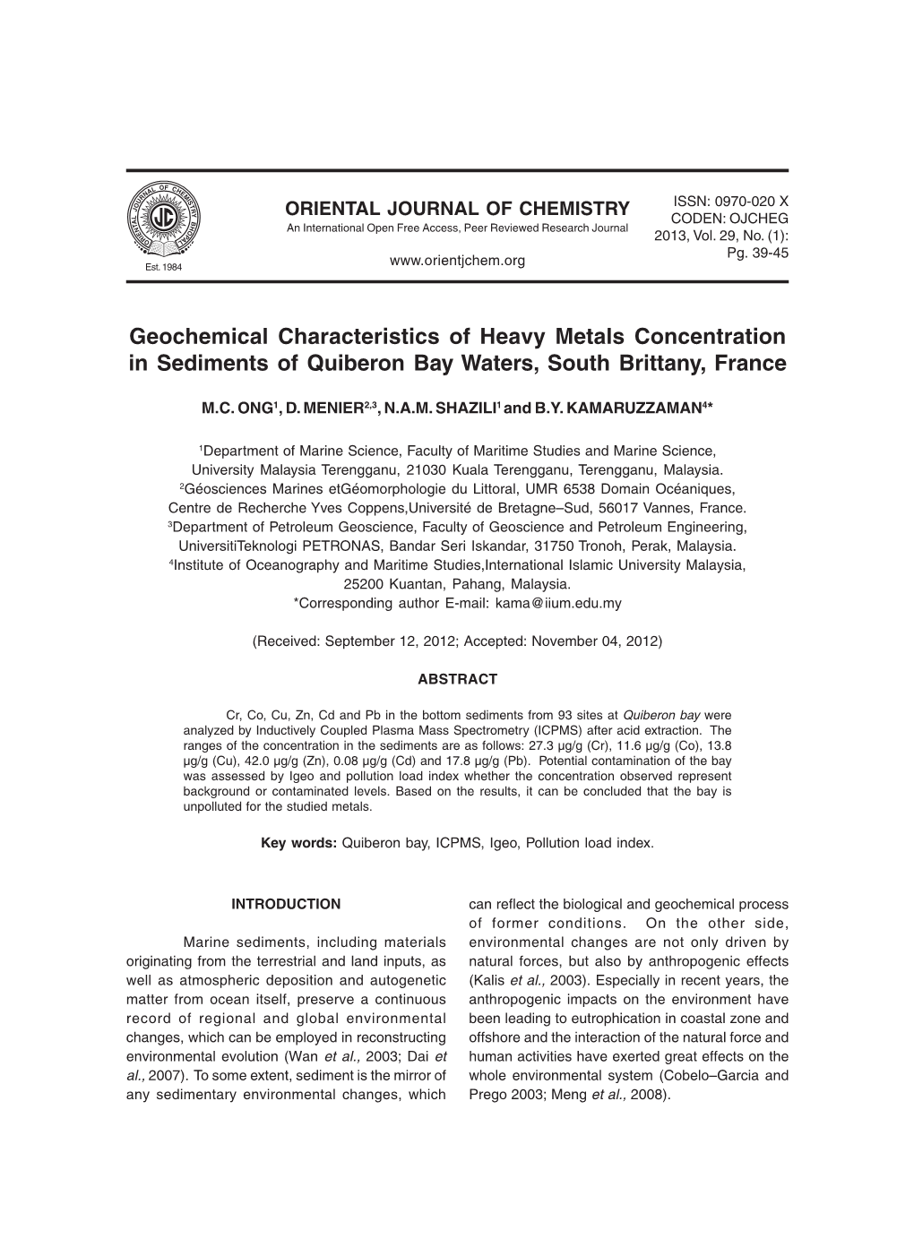 Geochemical Characteristics of Heavy Metals Concentration in Sediments of Quiberon Bay Waters, South Brittany, France