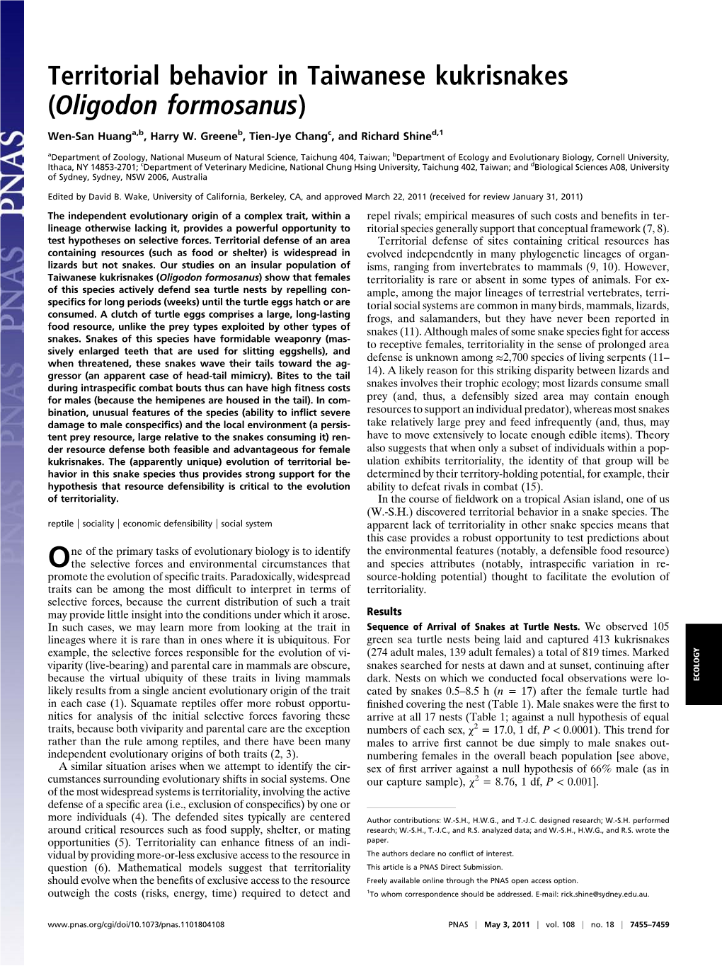 Territorial Behavior in Taiwanese Kukrisnakes (Oligodon Formosanus)