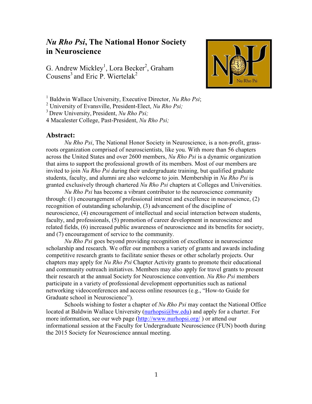 Nu Rho Psi, the National Honor Society in Neuroscience