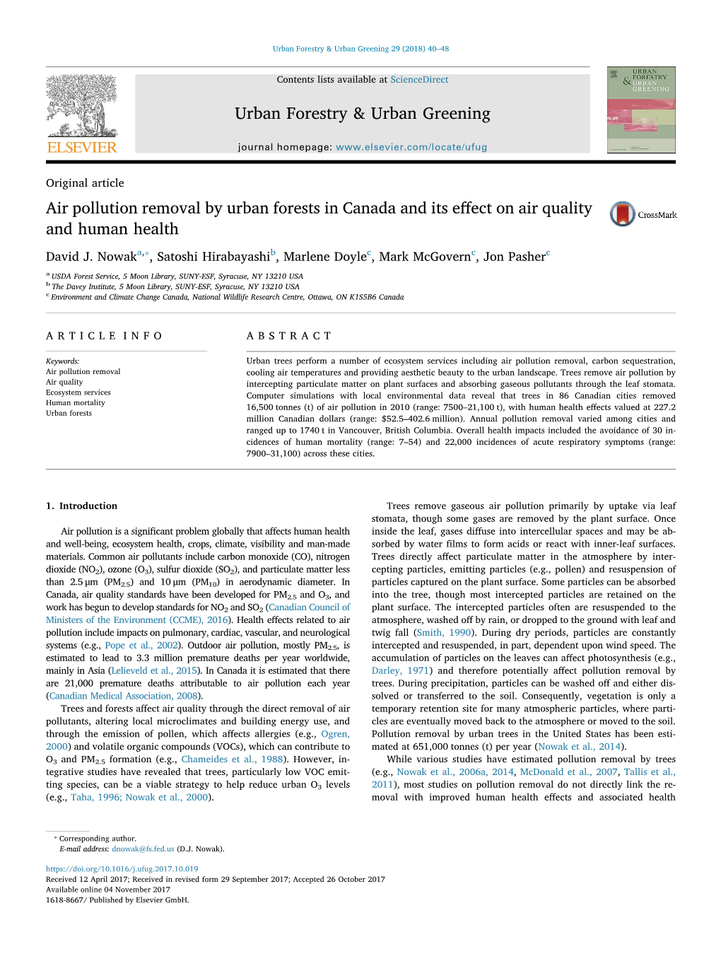 Air Pollution Removal by Urban Forests in Canada and Its Effect on Air