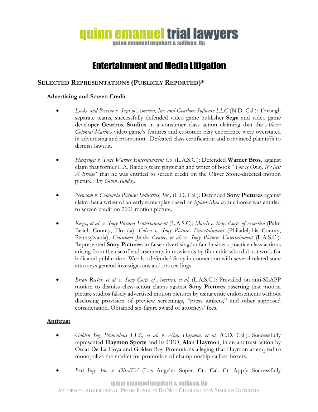 Entertainment and Media Litigation
