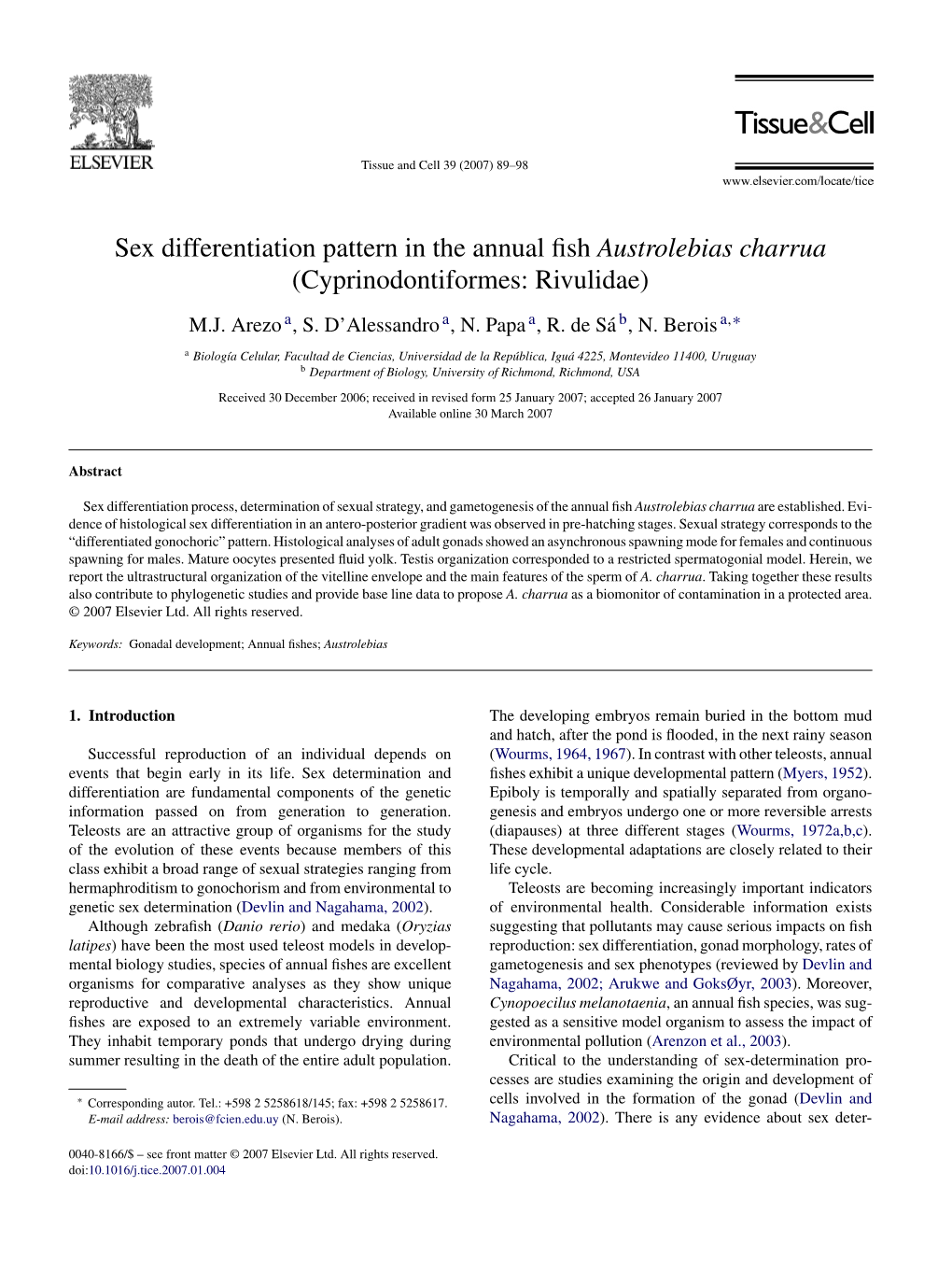 Sex Differentiation Pattern in the Annual Fish Austrolebias Charrua