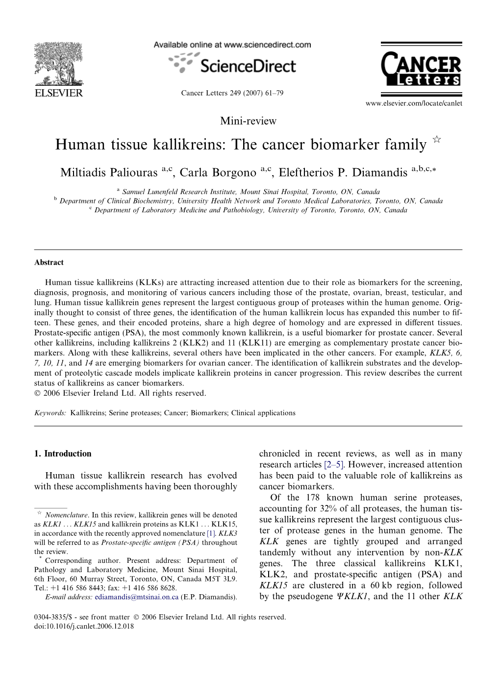 Human Tissue Kallikreins: the Cancer Biomarker Family Q