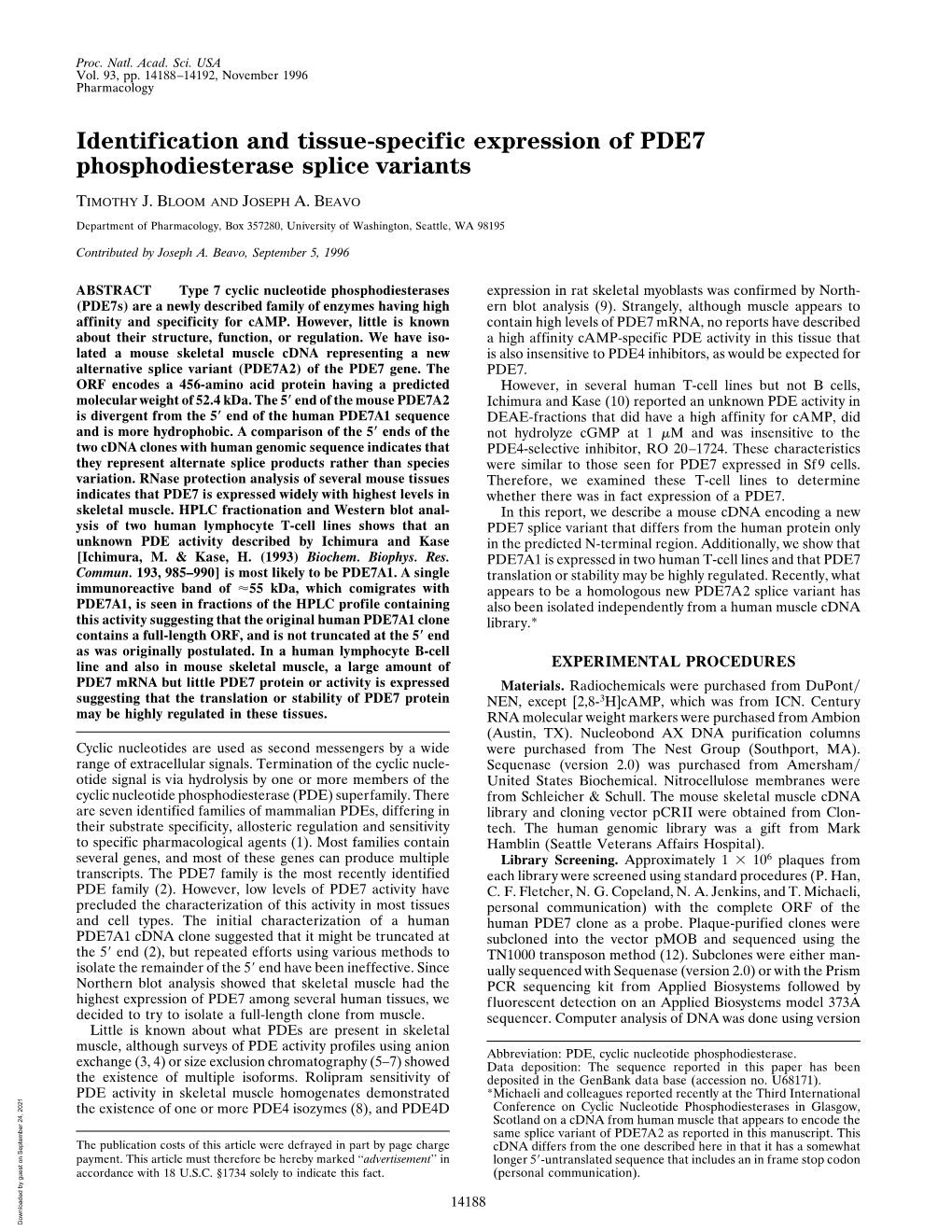 Identification and Tissue-Specific Expression of PDE7 Phosphodiesterase Splice Variants