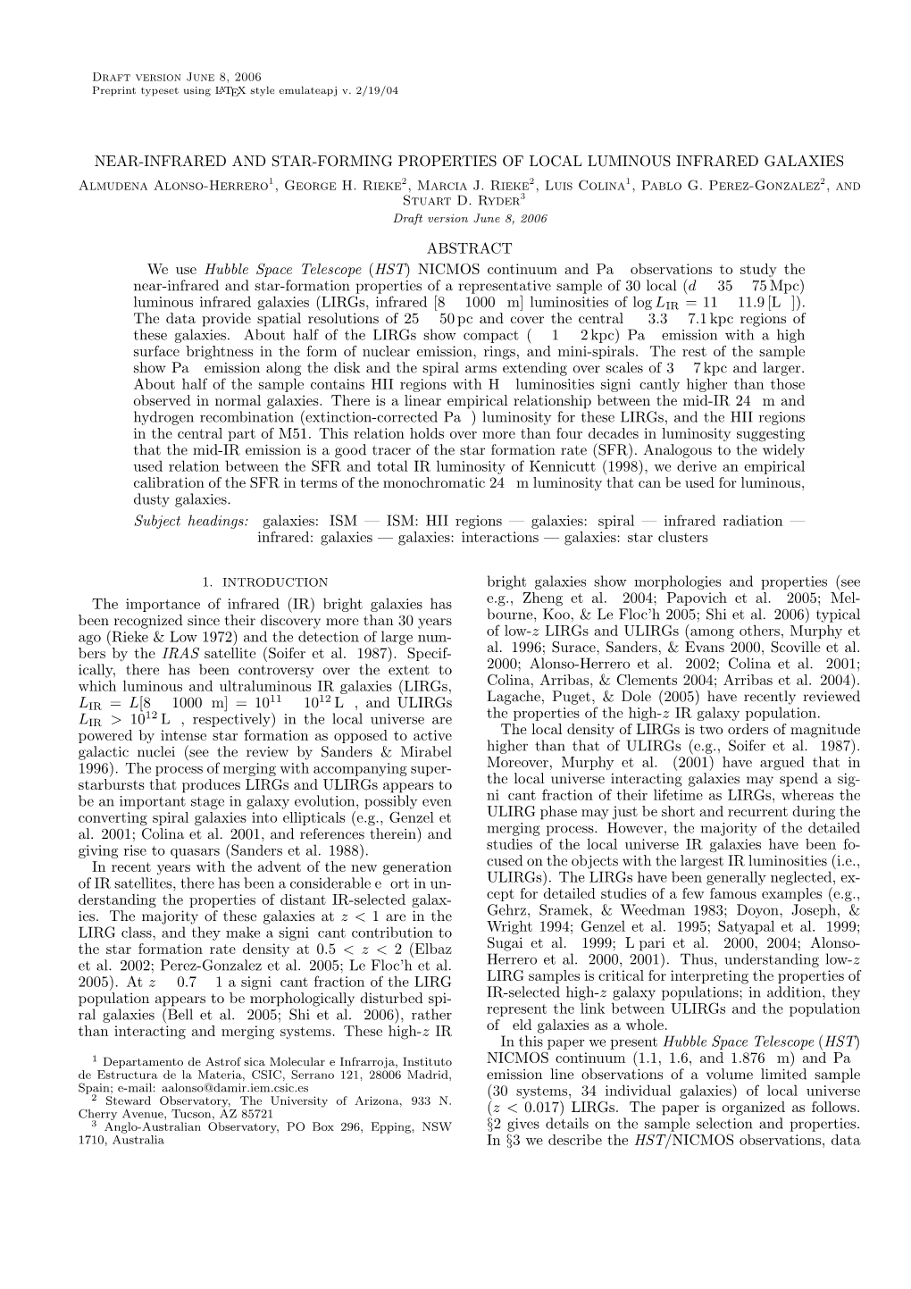 NEAR-INFRARED and STAR-FORMING PROPERTIES of LOCAL LUMINOUS INFRARED GALAXIES Almudena Alonso-Herrero1, George H