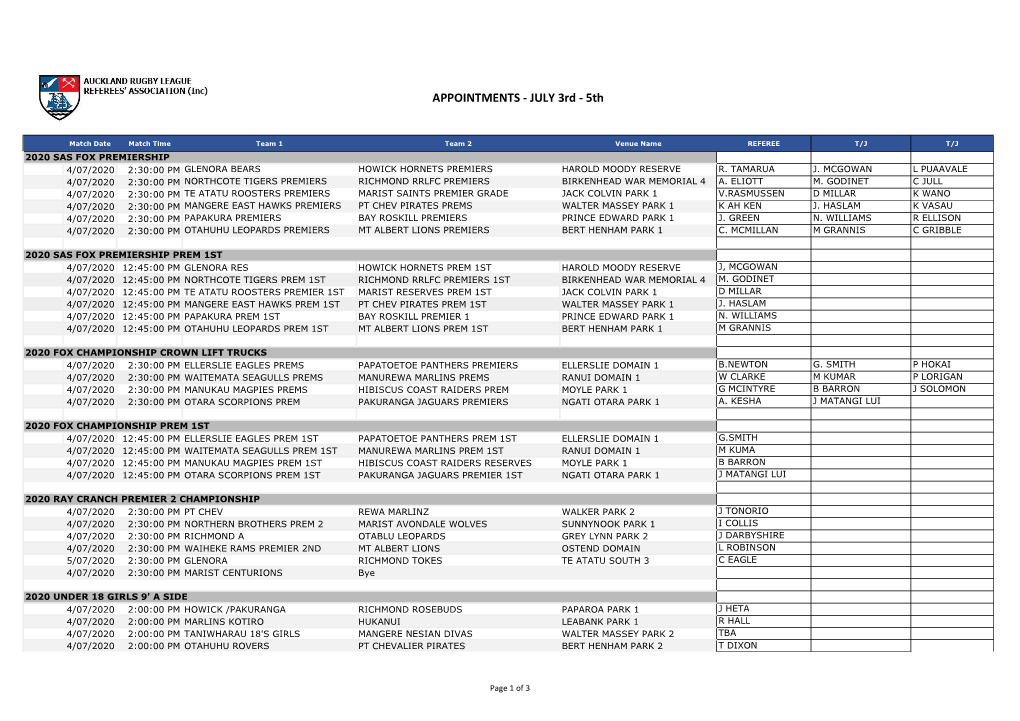 APPOINTMENTS - JULY 3Rd - 5Th