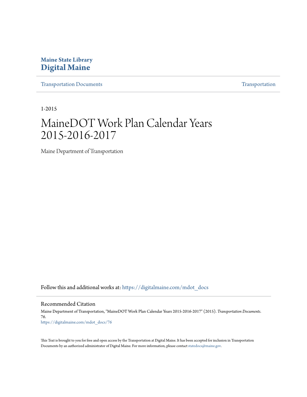 Mainedot Work Plan Calendar Years 2015-2016-2017 Maine Department of Transportation