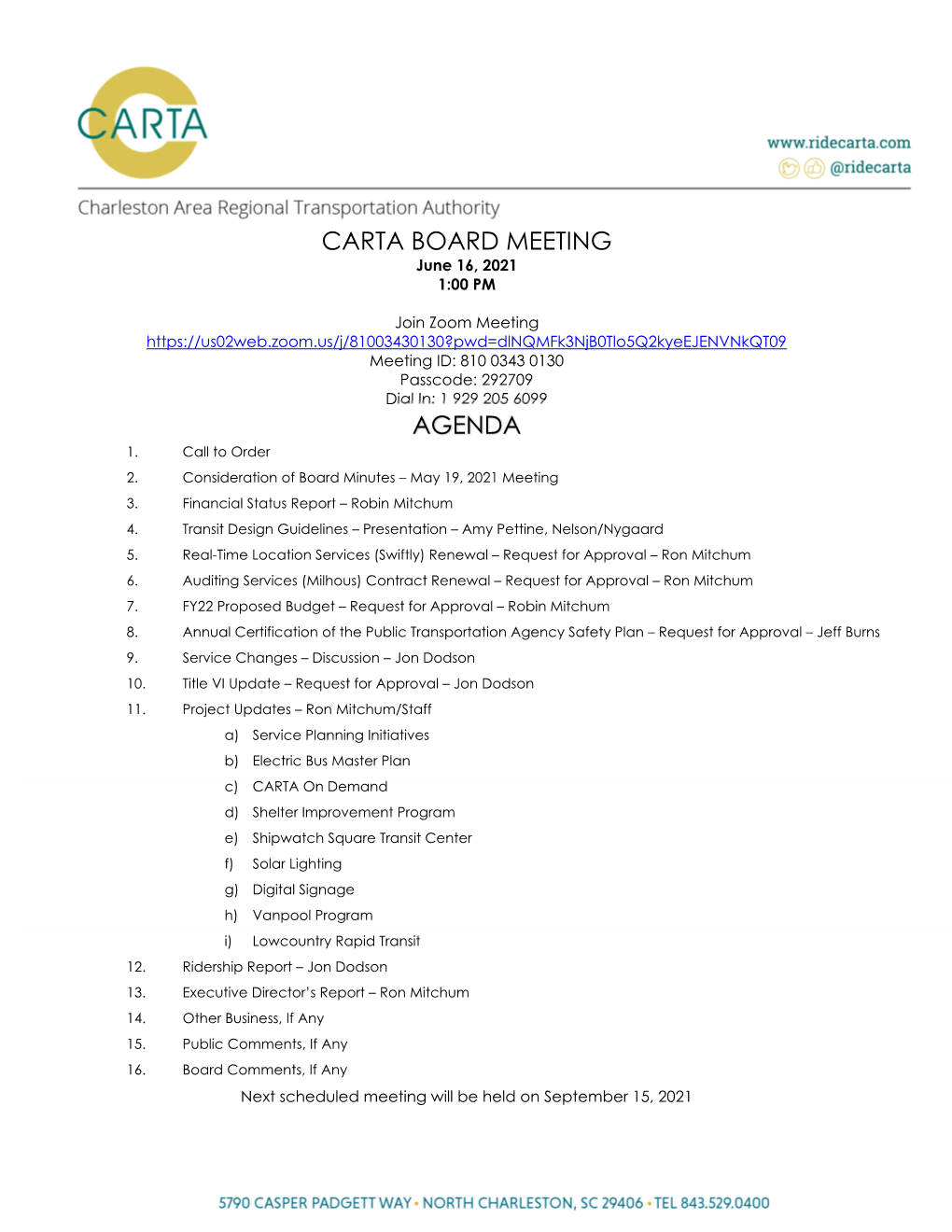Carta Board Meeting Agenda