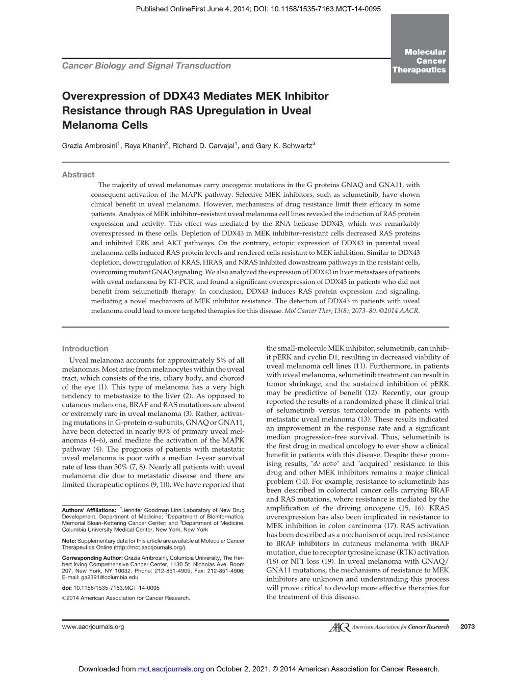 Overexpression of DDX43 Mediates MEK Inhibitor Resistance Through RAS Upregulation in Uveal Melanoma Cells