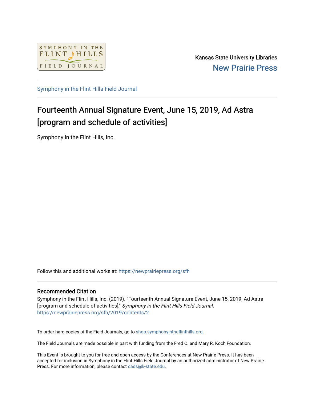 Fourteenth Annual Signature Event, June 15, 2019, Ad Astra [Program and Schedule of Activities]