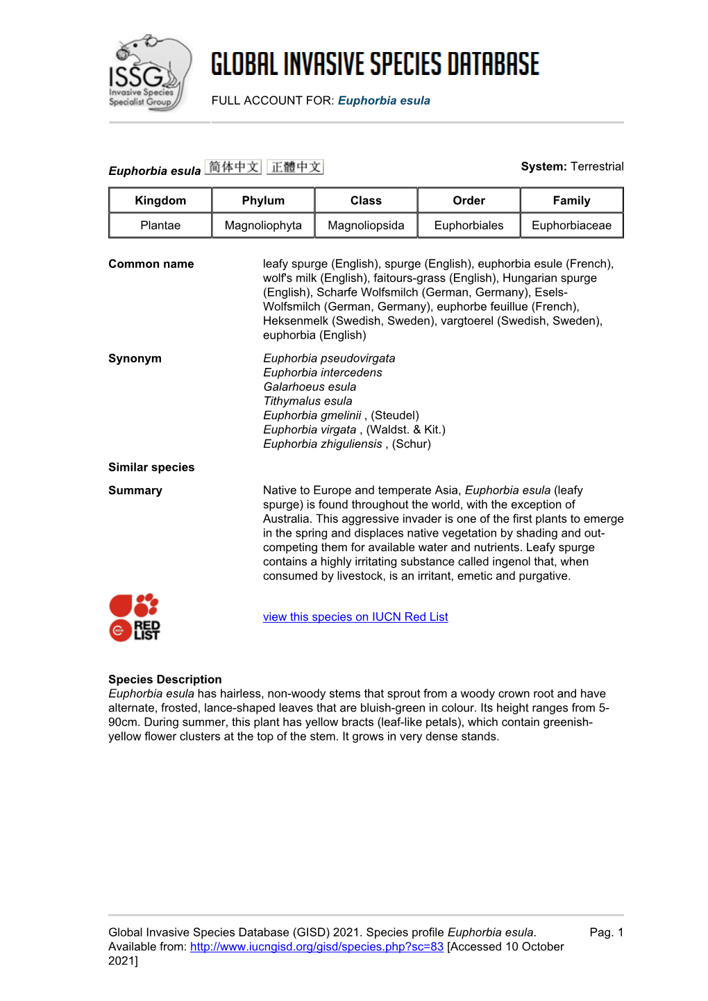 Euphorbia Esula Global Invasive Species Database (GISD)