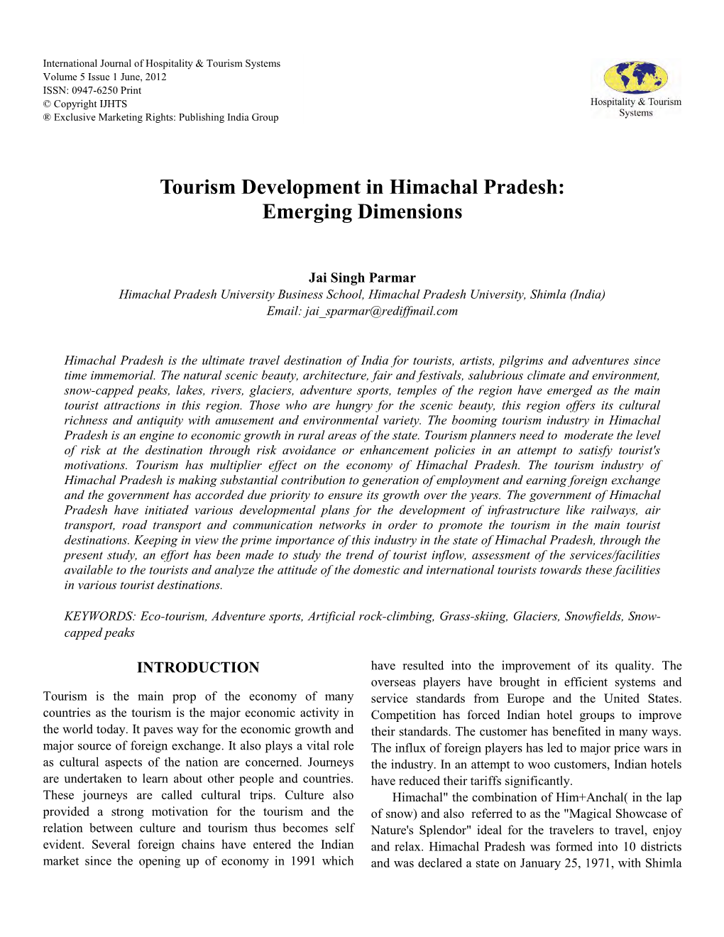 Tourism Development in Himachal Pradesh: Emerging Dimensions