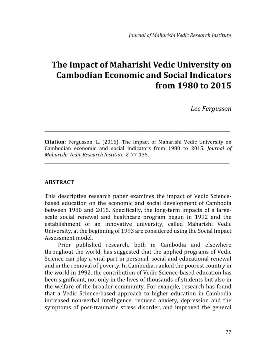The Impact of Maharishi Vedic University on Cambodian Economic and Social Indicators from 1980 to 2015