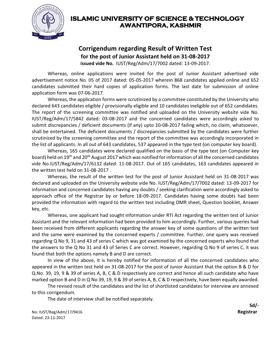 Corrigendum Regarding Result of Written Test for the Post of Junior Assistant Held on 31-08-2017 Issued Vide No