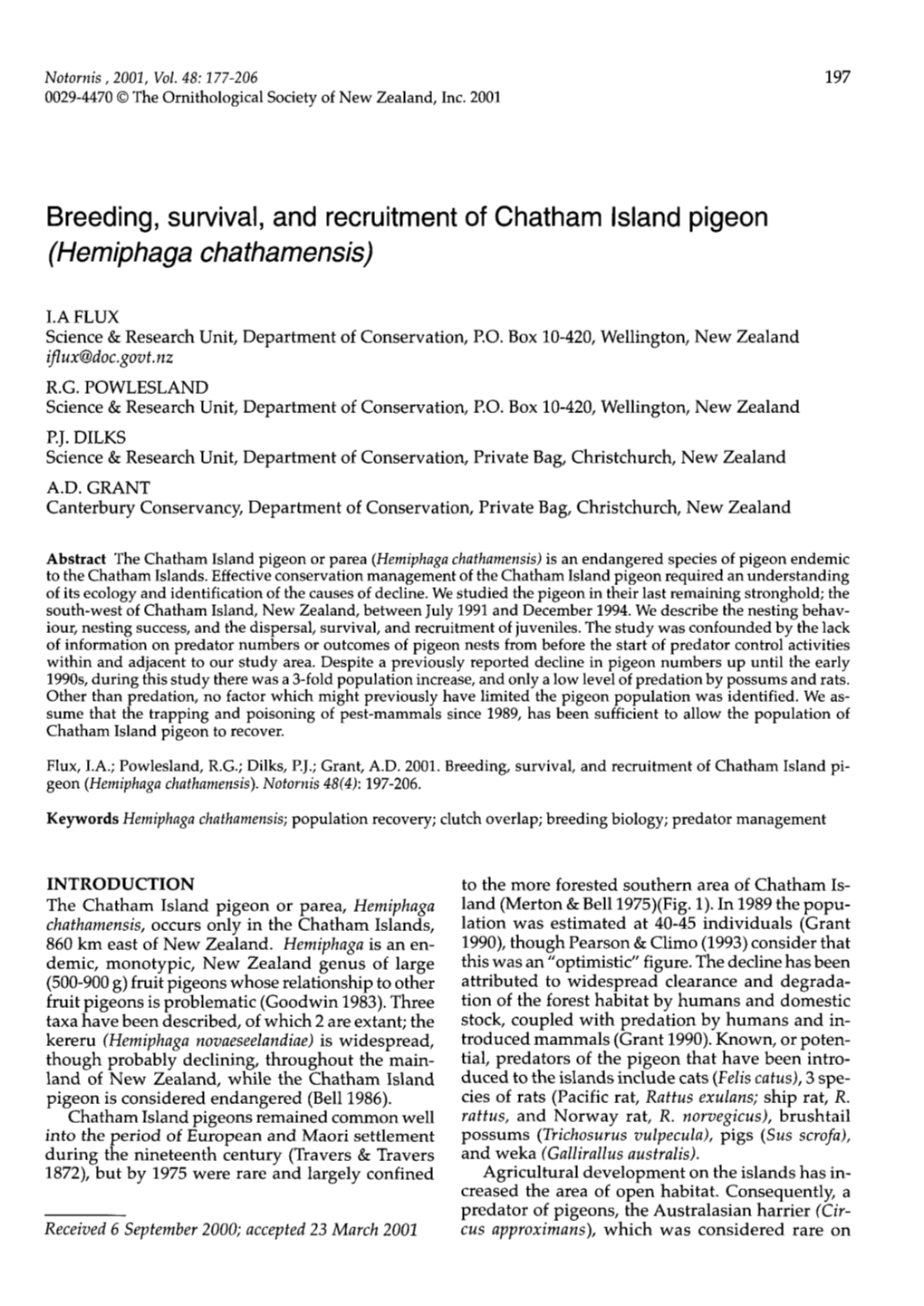 Breeding, Survival, and Recruitment of Chatham Island Pigeon (Hemiphaga Chathamensis)