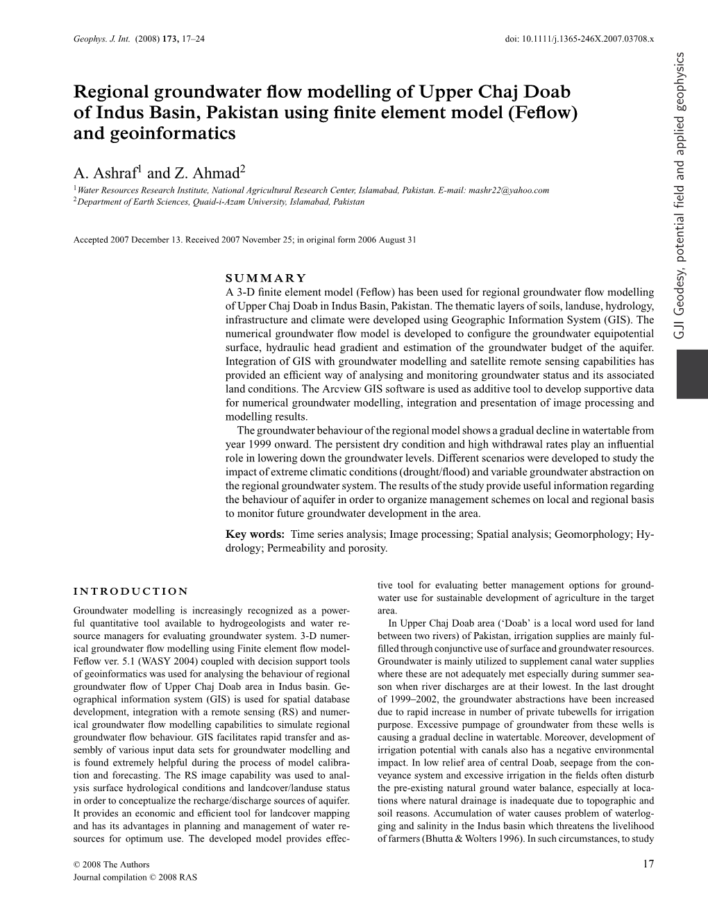 Regional Groundwater Flow Modelling of Upper Chaj Doab of Indus Basin