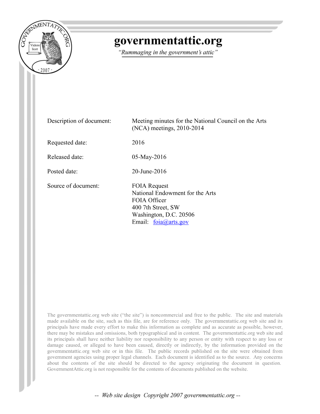 Meeting Minutes for the National Council on the Arts (NCA) Meetings, 2010-2014