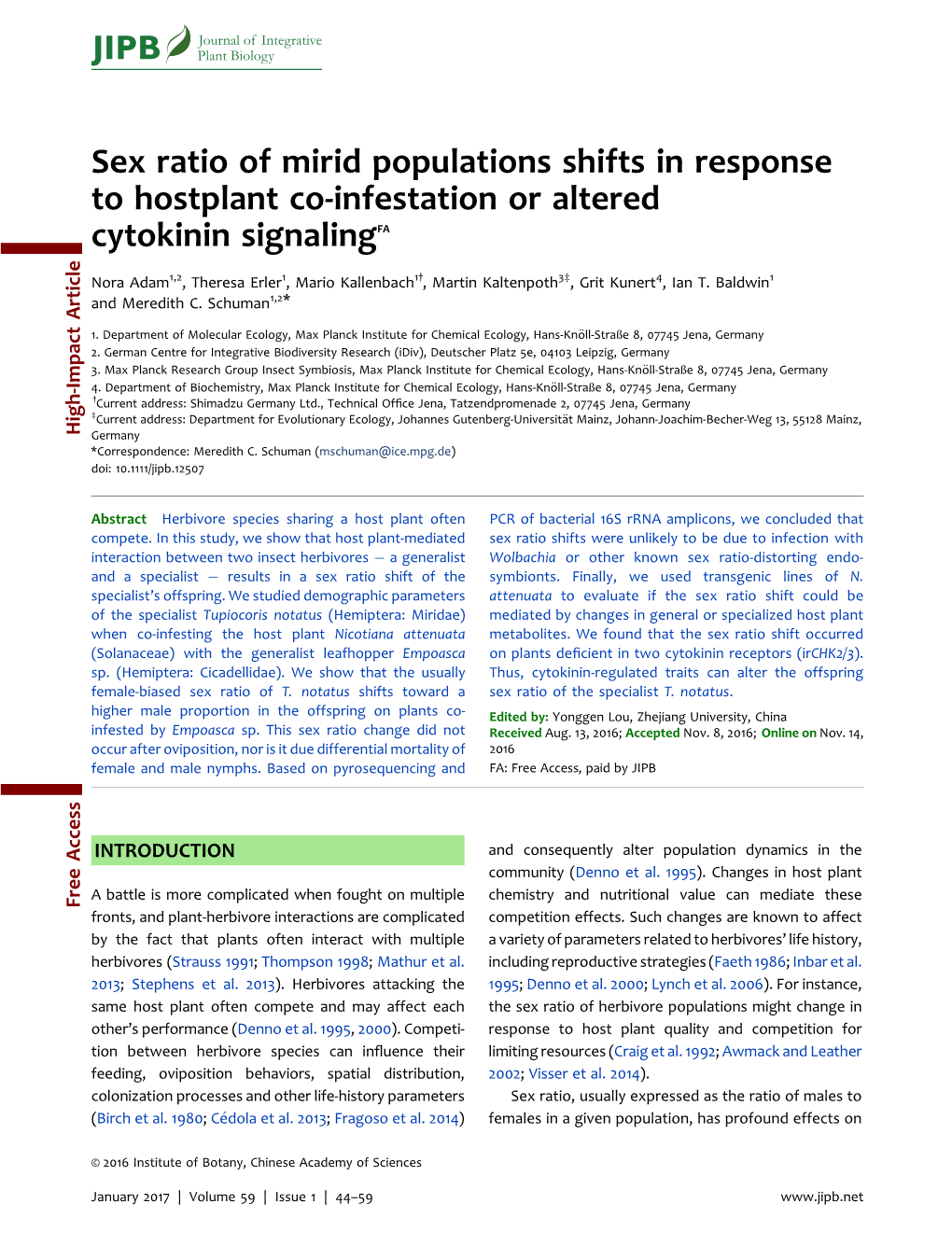 Sex Ratio of Mirid Populations Shifts in Response to Hostplant Co-Infestation Or Altered Cytokinin Signalingfa