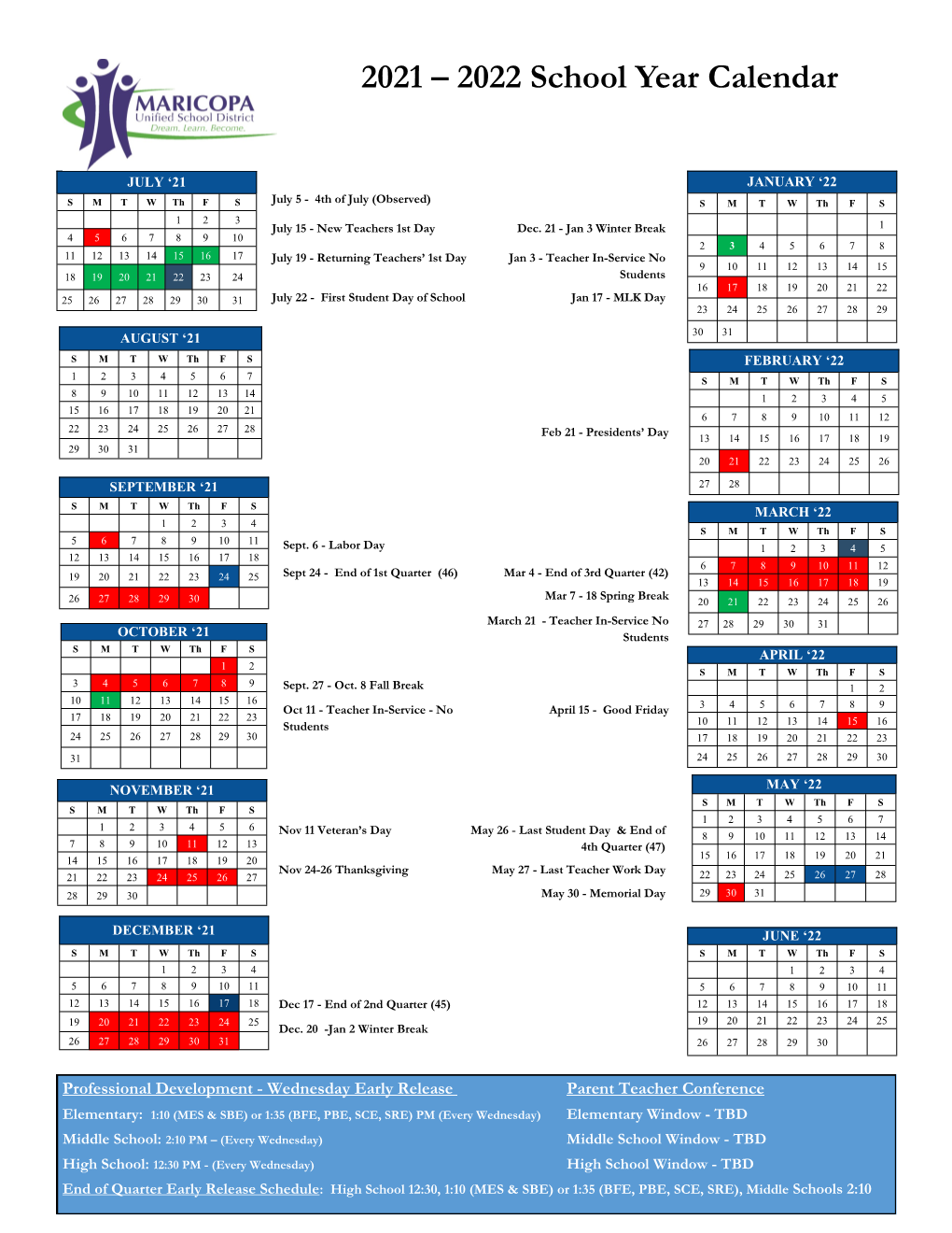 2021 – 2022 School Year Calendar