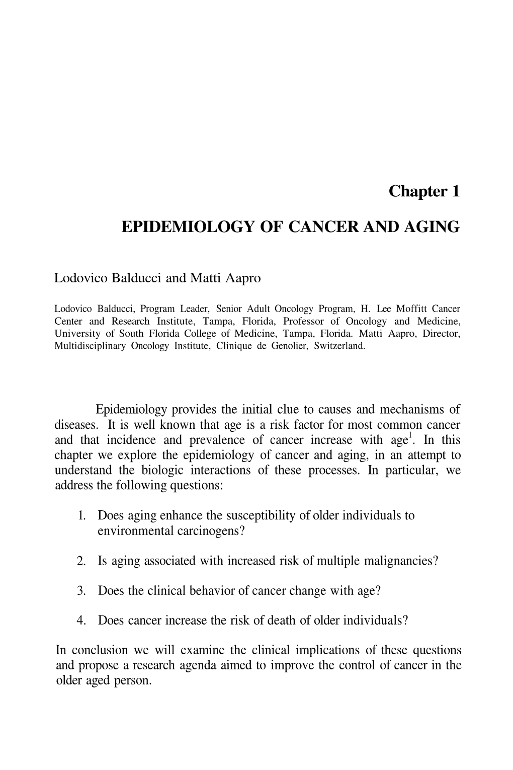 Chapter 1 EPIDEMIOLOGY of CANCER and AGING