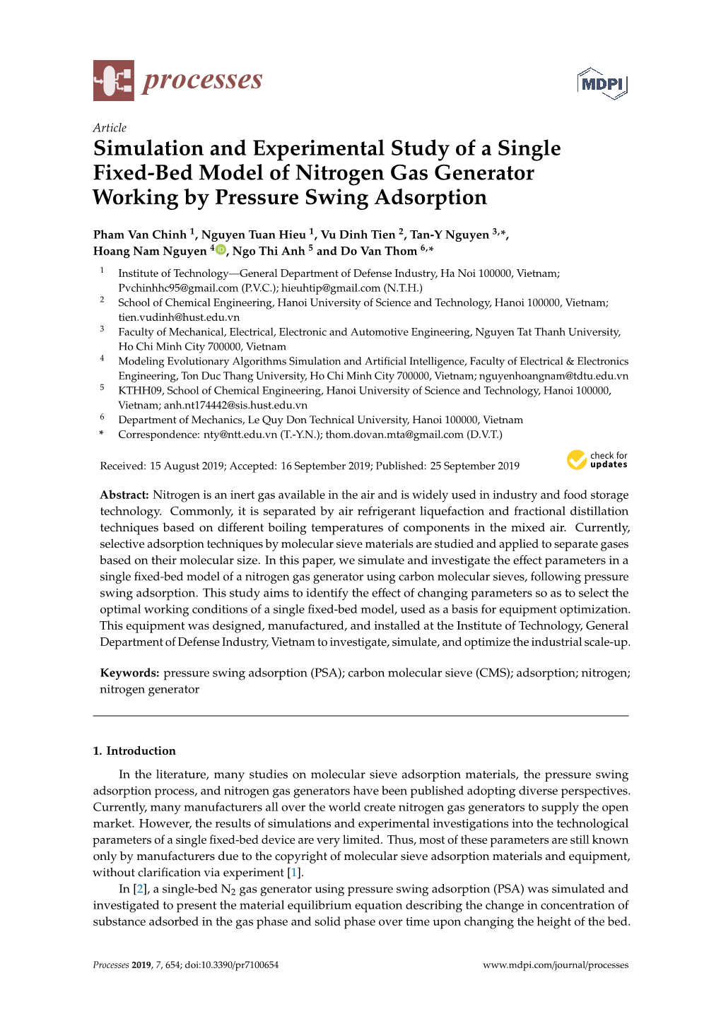 Simulation and Experimental Study of a Single Fixed-Bed Model of Nitrogen Gas Generator Working by Pressure Swing Adsorption