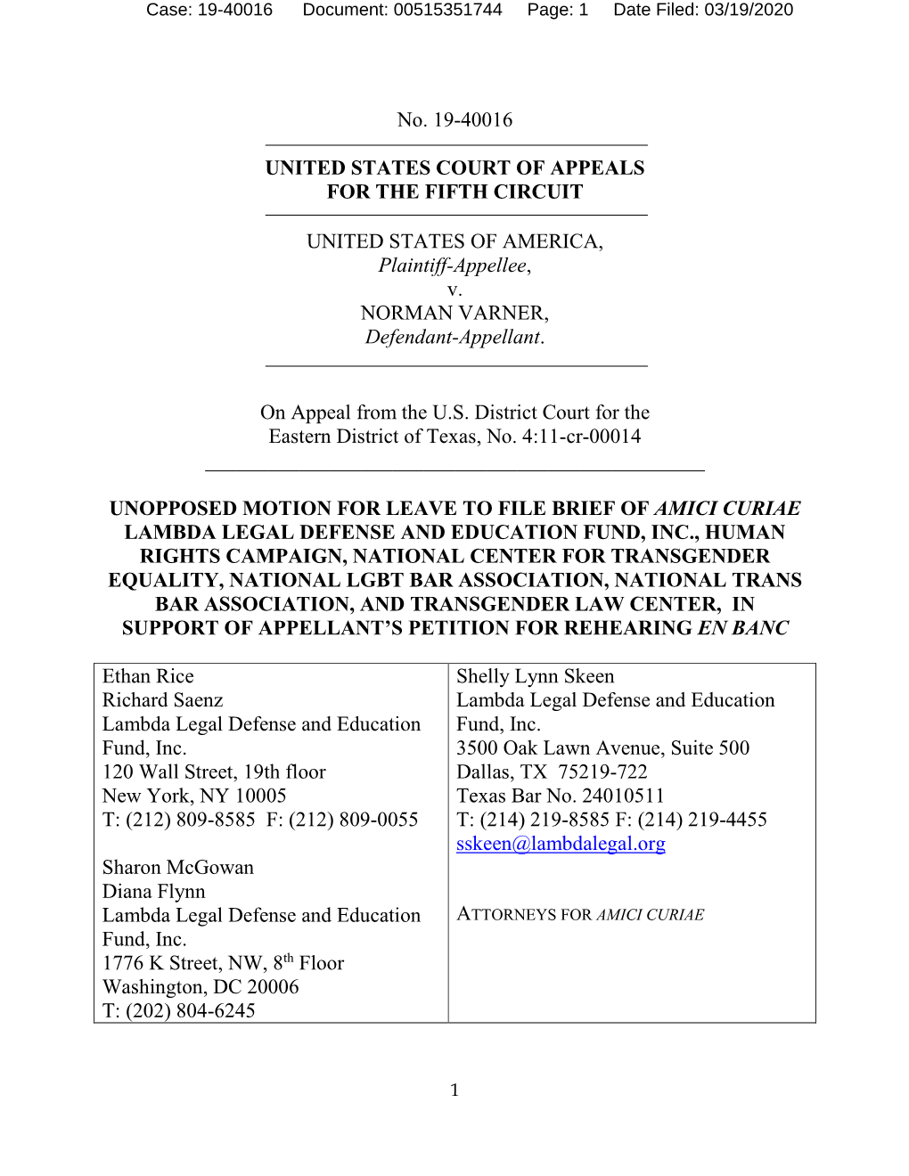 Case: 19-40016 Document: 00515351744 Page: 1 Date Filed: 03/19/2020