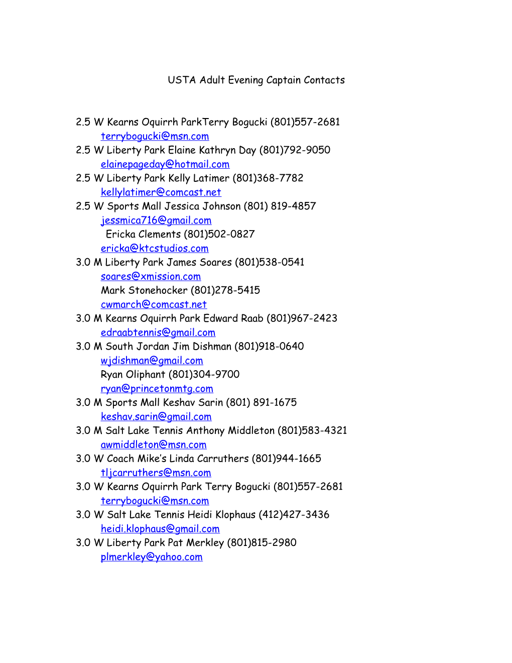 USTA Adult Evening Captain Contacts