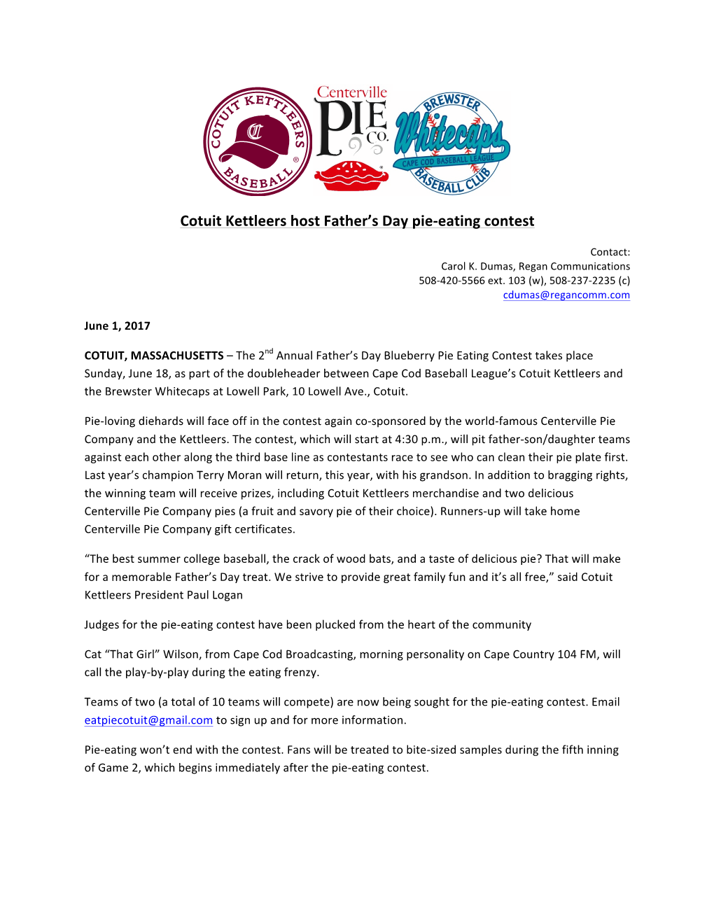 Cotuit Kettleers Host Father's Day Pie-Eating Contest