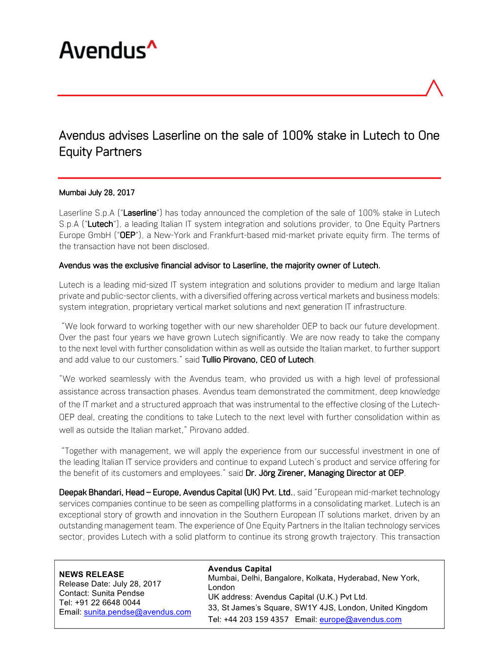 Avendus Advises Laserline on the Sale of 100% Stake in Lutech to One Equity Partners