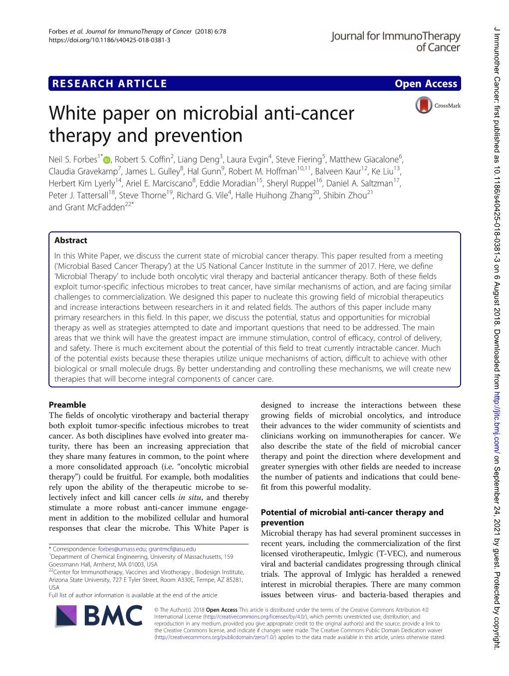 White Paper on Microbial Anti-Cancer Therapy and Prevention Neil S