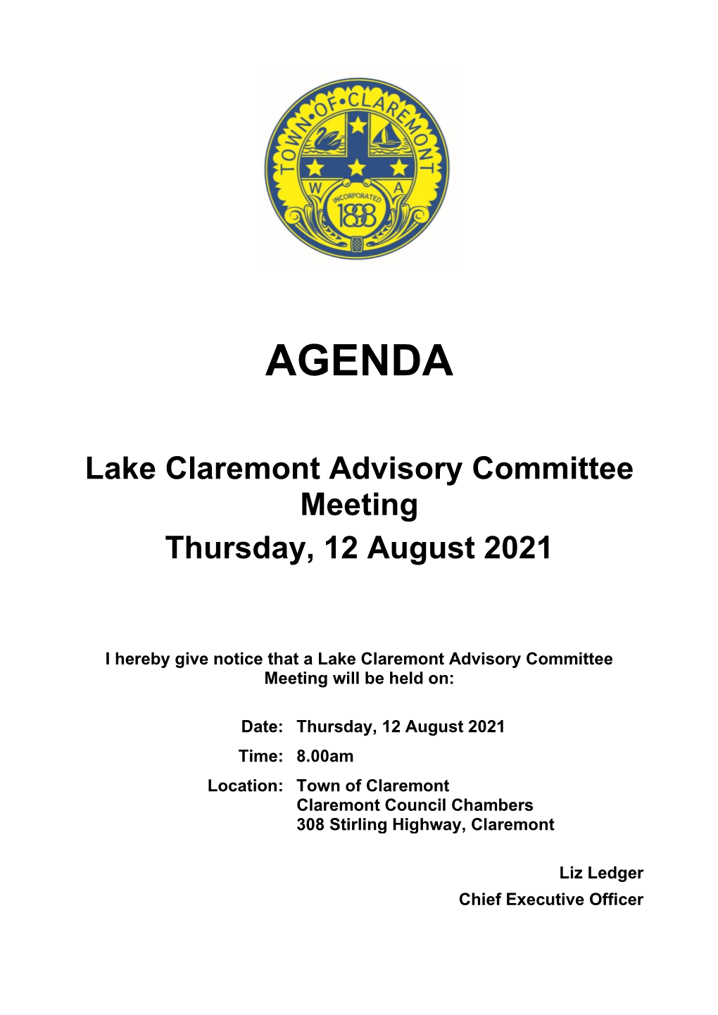 Agenda of Lake Claremont Advisory Committee Meeting