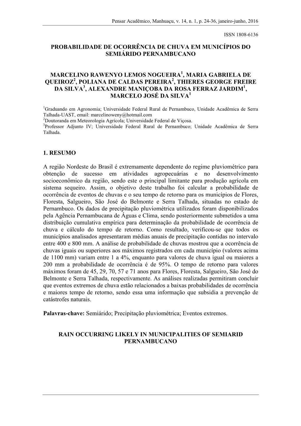 Probabilidade De Ocorrência De Chuva Em Municípios Do Semiárido Pernambucano