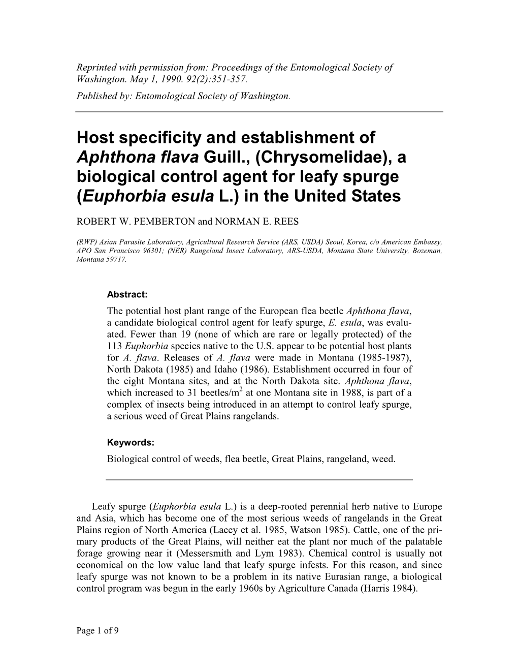 Host Specificity and Establishment of Aphthona Flava Guill., (Chrysomelidae), a Biological Control Agent for Leafy Spurge (Euphorbia Esula L.) in the United States