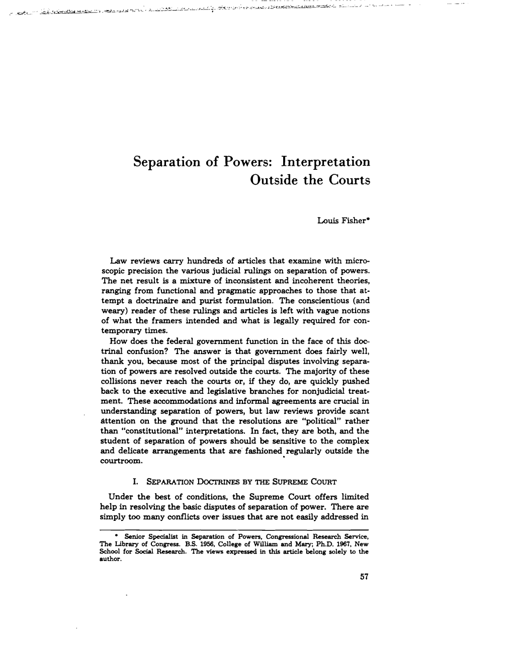 Separation of Powers: Interpretation Outside the Courts