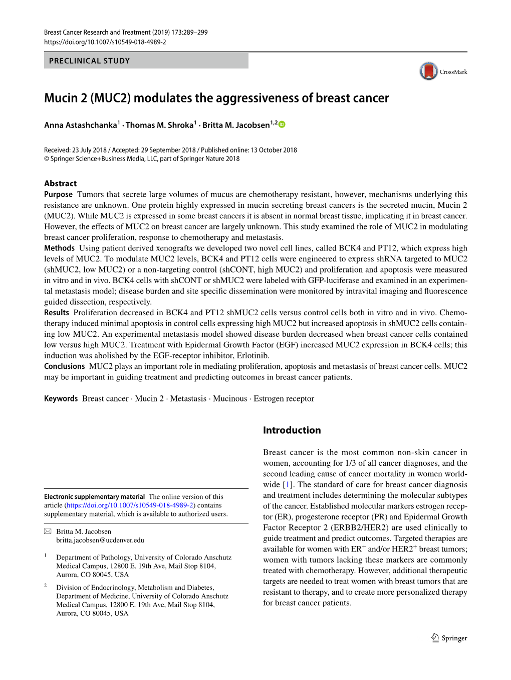 Mucin 2 (MUC2) Modulates the Aggressiveness of Breast Cancer